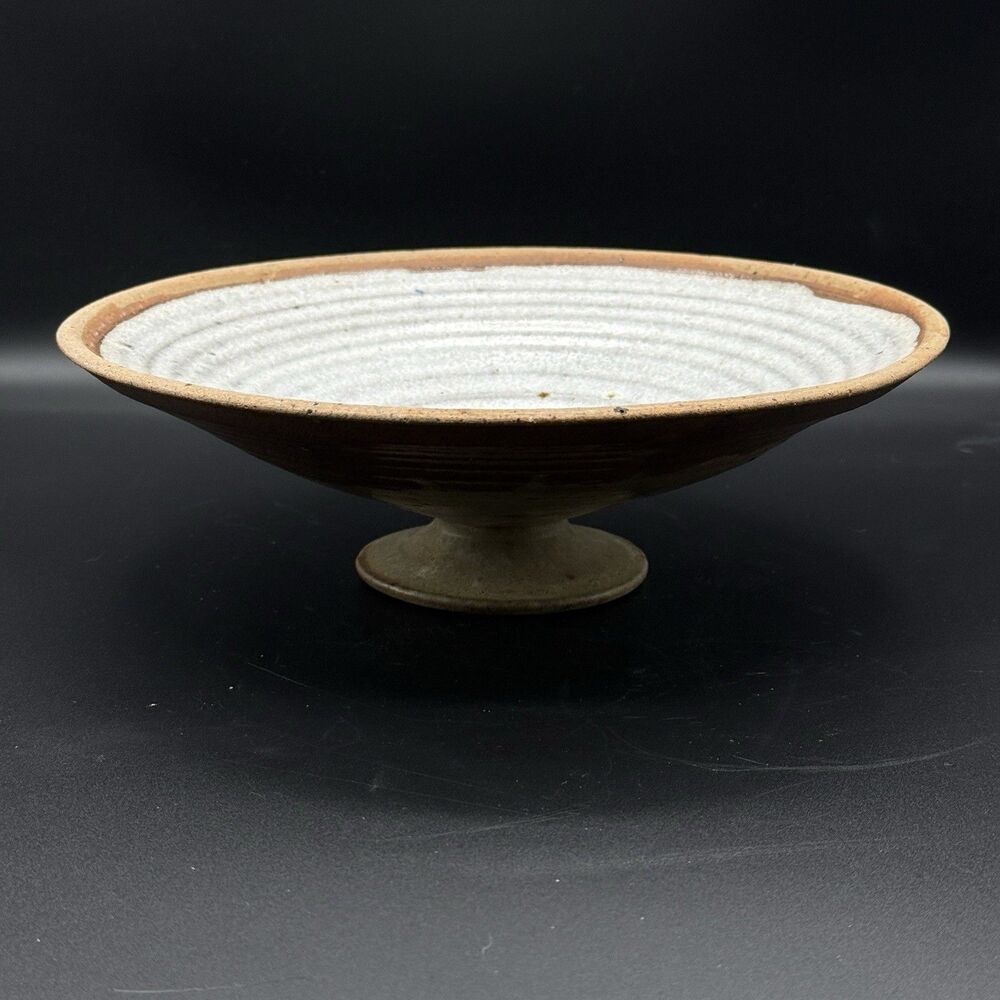 Studio Pottery Footed Pedestal Tan Brown Earth tone Center Bowl Hand Made 10"
